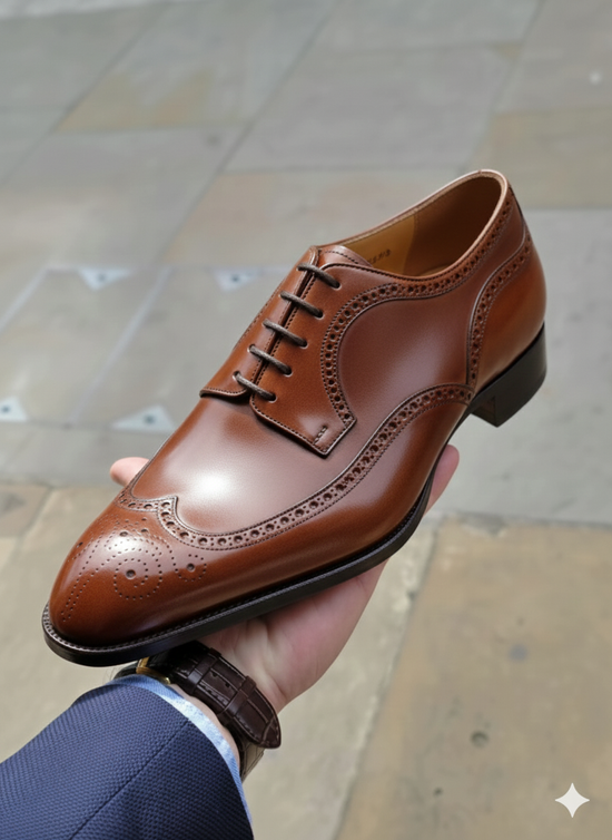 Italian Tan Leather Wingtip Modena Lace Up Formals With Fiddle Back Sole - Formals Shoes