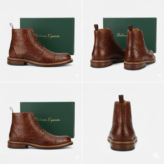 Brown Leather Embossed Toe Cap Lace Up Boots Flooral Edition - Boots