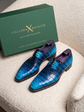Blue Italian Croc Leather Patina Cachemire  Derby - Formal Shoes