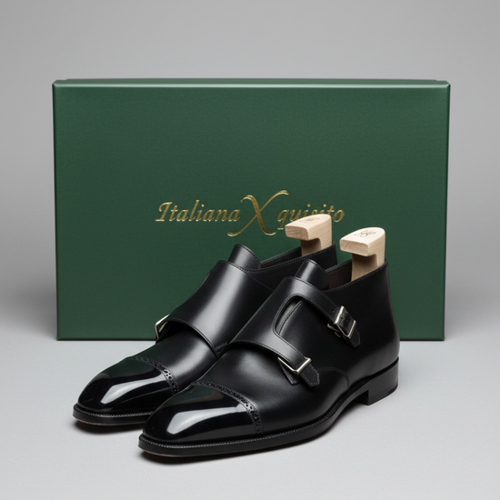 Black Leather Lysander Toe Cap Monk Strap Chukka Boots Shoes - Monk Shoes