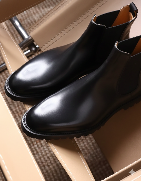 Black Italian Leather Slip On Round Toe Chelsea Boots - Boots