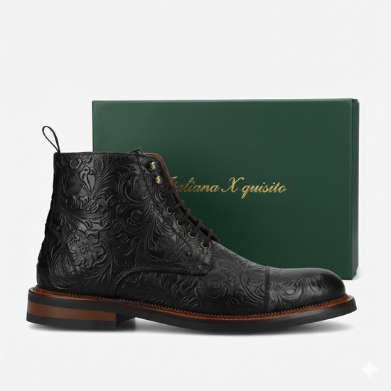 Black Leather Embossed Toe Cap Lace Up Boots Flooral Edition - Boots