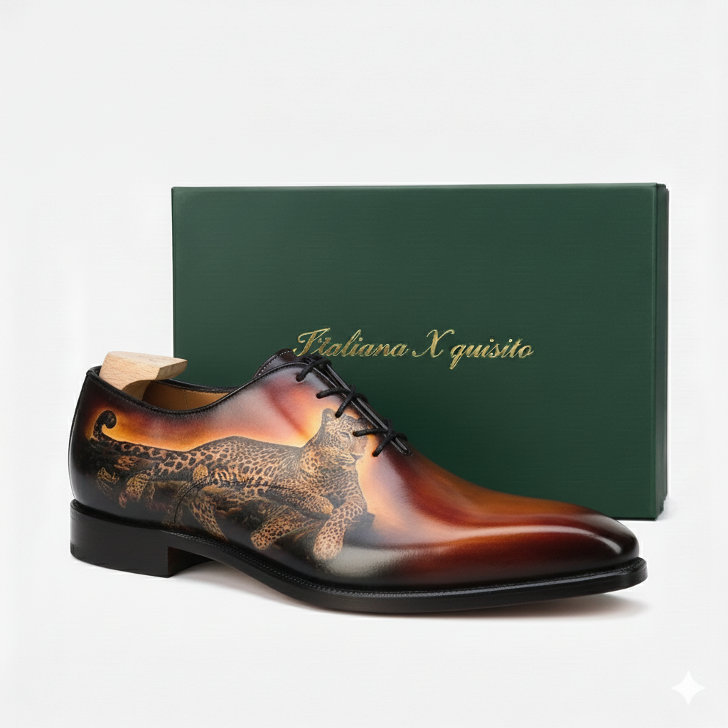 Brown leather shoe with intricate design on a white background, featuring 'Italiana X quisto' branding.
