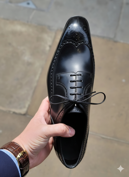 Italian Black Leather Wingtip Modena Lace Up Formals With Fiddle Back Sole - Formals Shoes