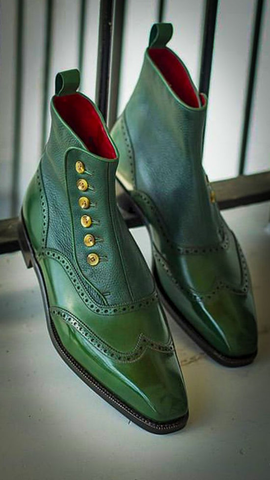 Green Italian Leather Worthing Slip On Bespoke Chelsea Boots - Boots