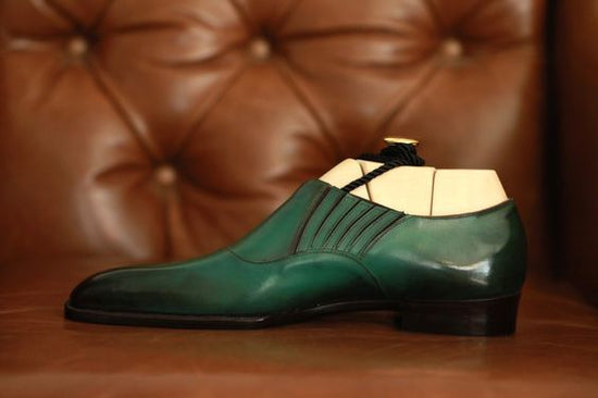 Green Leather Midara Slip On Elasticated Loafers With Brogue - Formal Shoes