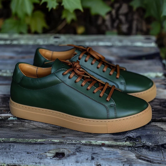 Green Leather Rocco Lace-Up Sneakers With Honey Colour Sole - Sneakers Shoes