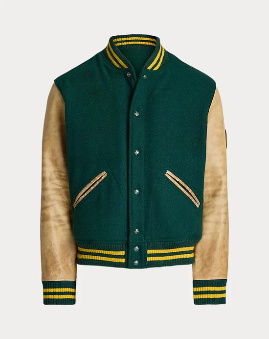 Green Suede And Cream Leather Classic Baseball Jackets - Leather Jackets