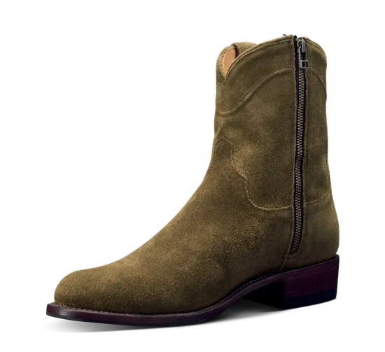 Green Suede Leather Barstow Slip On Zipper Western Cowboy Boots - Cowboy Boots