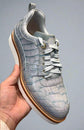 Grey Alligator Leather Low Top Lace Up Running Sneakers With White Sole - Sneaker Shoes