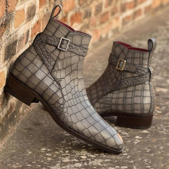 Grey Crocodile Print Leather Kardzhali Jodhpur Boots - Boots