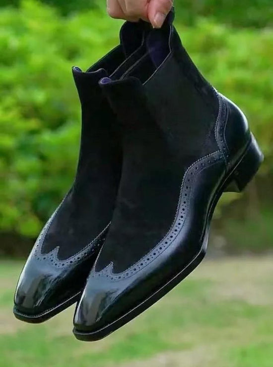 Black Suede And Leather Chelsea Boots With Wingtip - Chelsea Boots - Office Boots