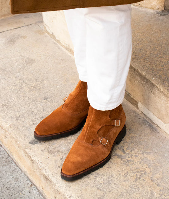Hazelnut Suede Calf Leather Boots Triple Monk strap Chelsea Boots Shoes With with Chunky Track Sole - Boots - Monk