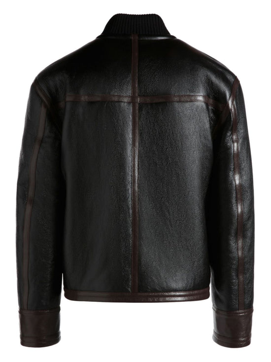 Contrasting-trim Black Leather Bomber Jacket - Leather Jackets