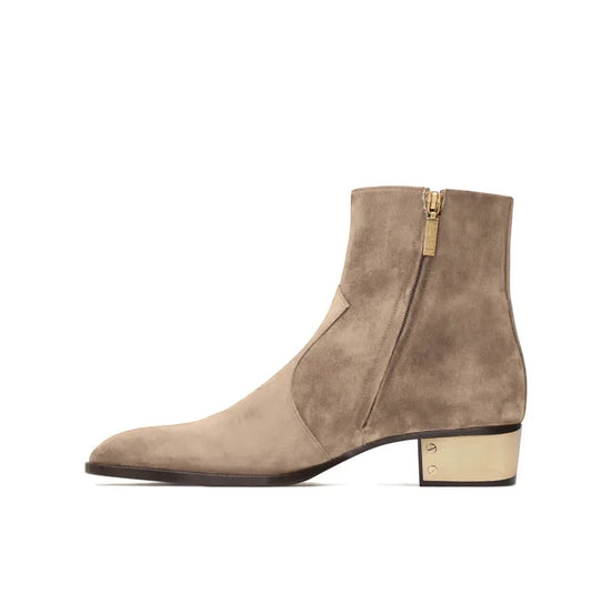 CREAM SUEDE LEATHER SLIP ON CHELSEA BOOTS WITH ZIPPER AND GOLDEN HEEL PLATE - CHELSEA BOOTS