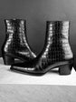 Black Croc Leather Slip On Chelsea With Zipper Pointed Boots - Boots