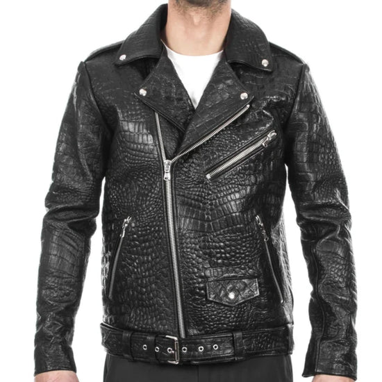 Italian handmade Men black Crocodile leather biker jacket slim fit - Leather Jackets