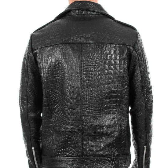 Italian handmade Men black Crocodile leather biker jacket slim fit - Leather Jackets