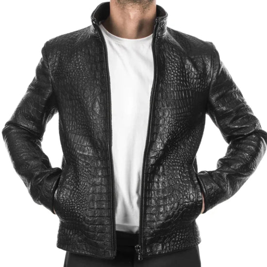 Italian handmade Men genuine Goatskin leather jacket slim fit alligator crocodile