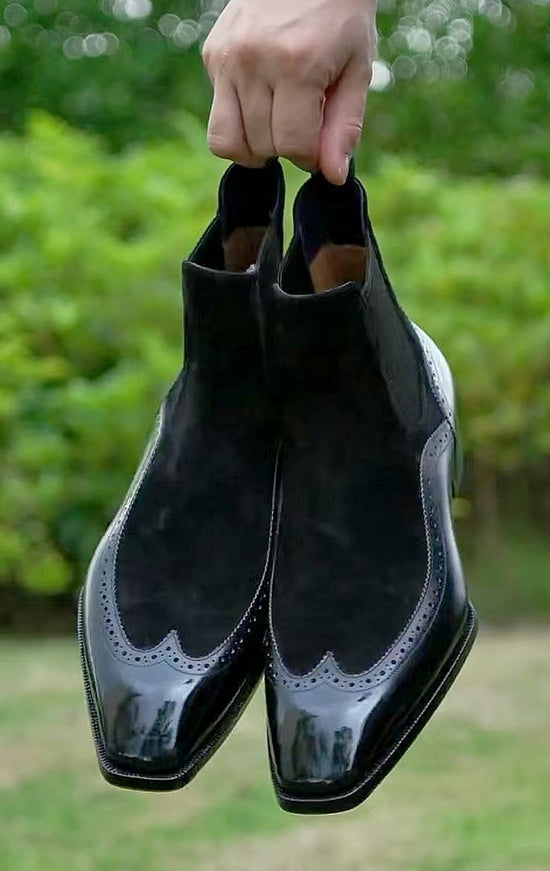Black Suede And Leather Chelsea Boots With Wingtip - Chelsea Boots - Office Boots