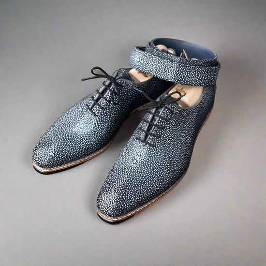 Luxury Edition - Authentic Real Stingray Skin Men's Luxury Black Party Dress Shoes Genuine Exotic Leather Handmade Male Lace-up GOODYEAR Oxfords - Formal Shoes