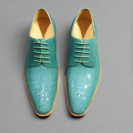 Luxury Edition - Authentic Real Stingray Skin Men's Luxury Green Party Dress Shoes Genuine Exotic Leather Handmade Male Lace-up GOODYEAR Oxfords - Formal Shoes