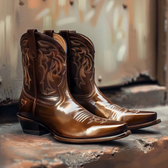 Luxury Edition - Brown Italian Leather Bastrop Slip On Zipper Western Cowboy Boots - GOODYEAR WELTED FIDDLE BACK VIOLIN SOLE - Cowboy Boots