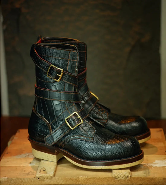 Black Croc Embossed Leather TANKER BOOTS - Boots