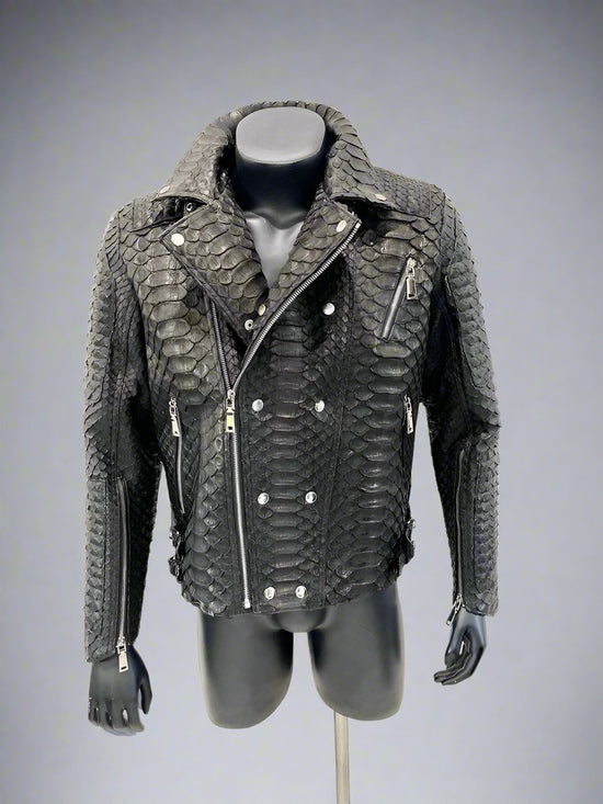 Man's King Python Leather Biker Jacket, Dragon Snakeskin Motorcycle Jacket, Python Leather Biker Jacket For Man - Leather Jackets
