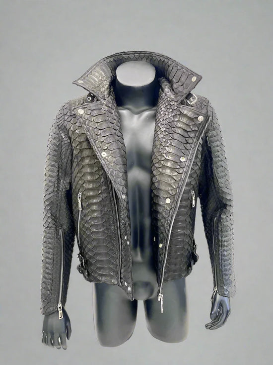 Man's King Python Leather Biker Jacket, Dragon Snakeskin Motorcycle Jacket, Python Leather Biker Jacket For Man - Leather Jackets