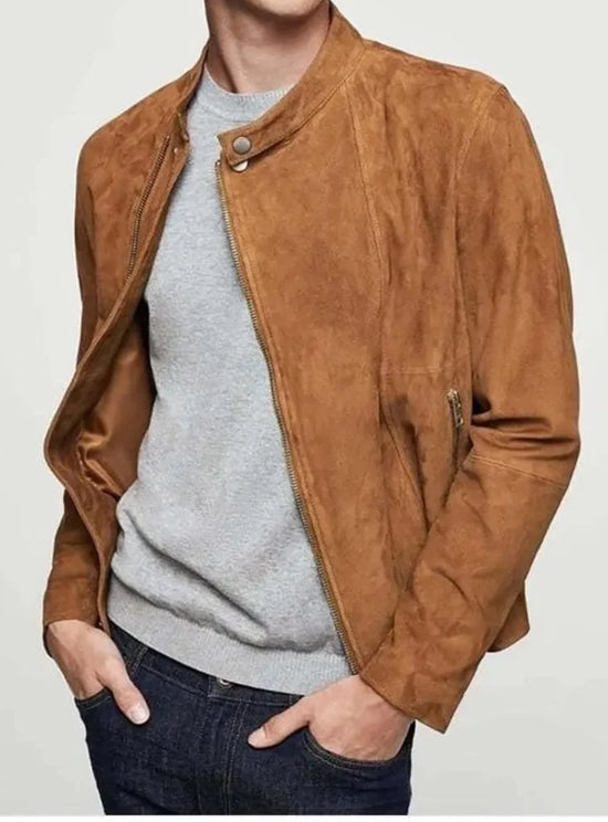 Men's Brown Suede leather Trucker Jacket Cowboy With Chinese Collar Vintage Classic Jackets Hand Made Stylish Premium Quality - Leather Jackets