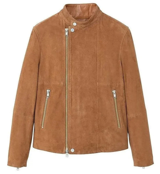 Men's Brown Suede leather Trucker Jacket Cowboy With Chinese Collar Vintage Classic Jackets Hand Made Stylish Premium Quality - Leather Jackets