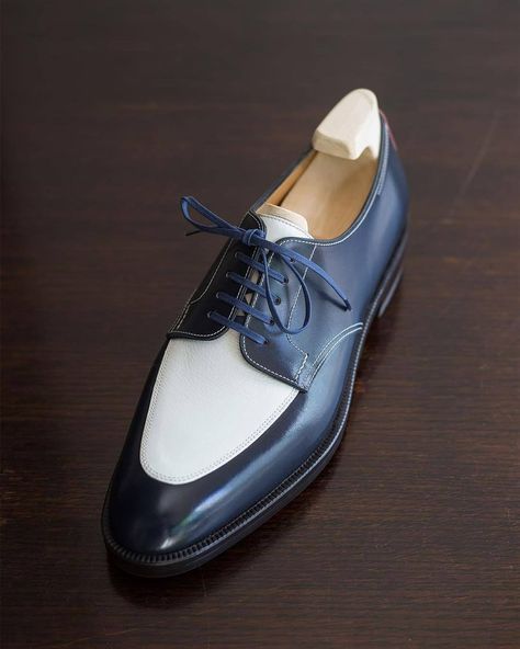 Men’s Handmade Two Tone Blue & White Leather Lace Up Fine Shoes - Formal Shoes
