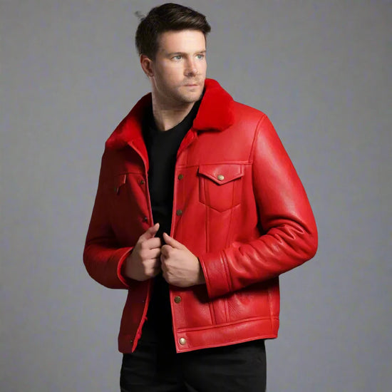 Men's Red Shearling Italian Leather Winter Style Fur Collar Thick Warm Jacket - Leather Jackets