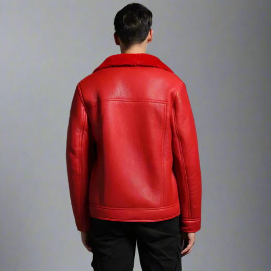 Men's Red Shearling Italian Leather Winter Style Fur Collar Thick Warm Jacket - Leather Jackets
