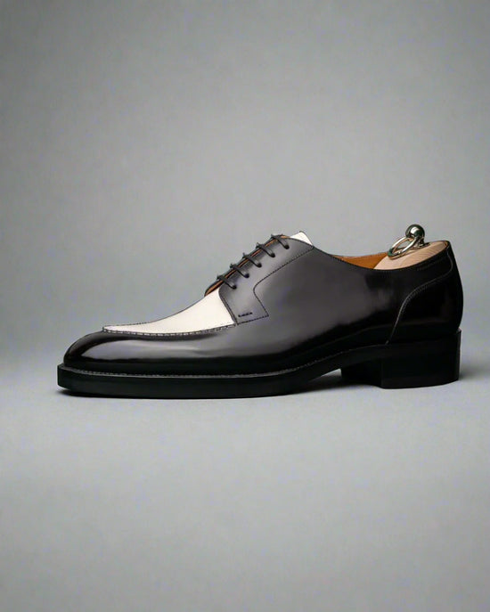 Men’s Two Tone Black & White Leather Lace Up Fine Derby Shoes - Formal Shoes - Derby Shoes