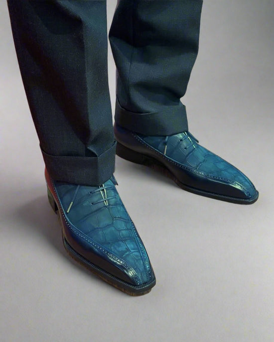 Men’s Two Tone Blue Alligator  & Blue Leather Lace Up Fine Shoes - Formal Shoes