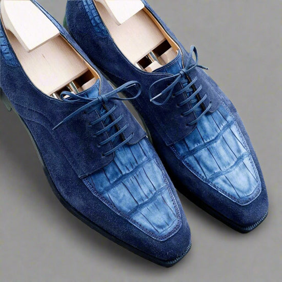 Men’s Two Tone Blue Alligator & Blue Suede Leather Lace Up Fine Shoes - Formal Shoes