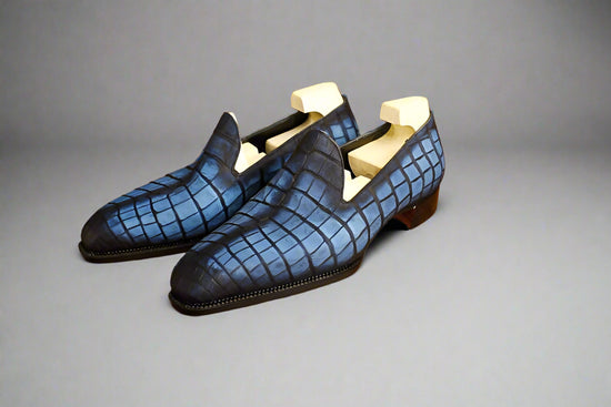Navy Blue Croc Leather Penny Loafers Slip On Shoes - Loafers Shoes