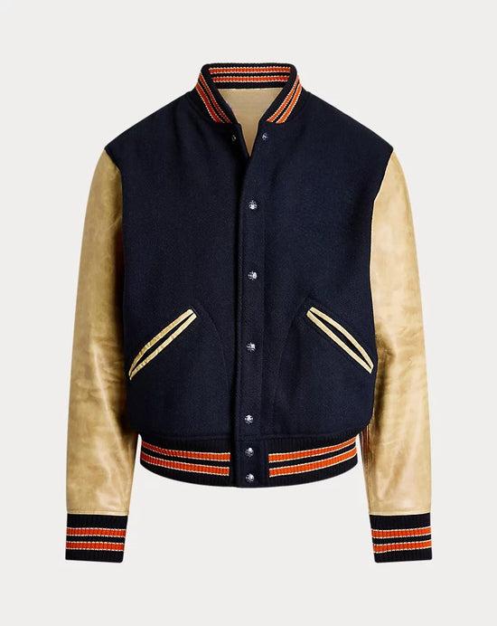 Navy Blue Suede And Cream Leather Classic Baseball Jackets - Leather Jackets