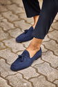 Navy Blue Suede Leather Penny Tassel Loafers - Loafer Shoes