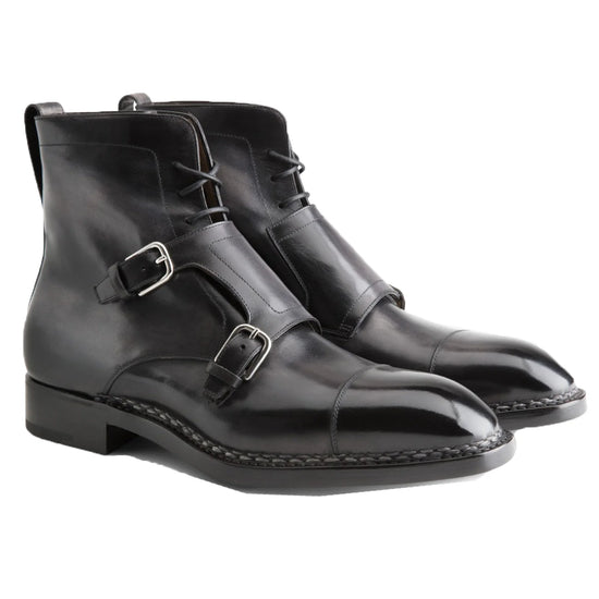 Norwegian Welted Mafra Black Leather Double Monk Strap Oxford Boot - Monk Strap Oxford Boots