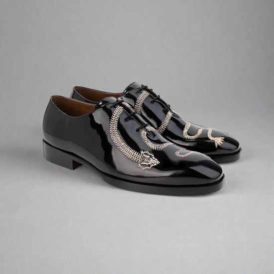 Patent Leather Dragon Embroidery Whole Cut Oxfords - Formal Shoes - Shoes For Party