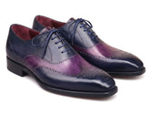A pair of men's wingtip oxford shoes featuring a glossy dark blue and purple gradient finish, with matching blue laces, shown on a plain white background.