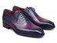 A pair of men's wingtip oxford shoes featuring a glossy dark blue and purple gradient finish, with matching blue laces, shown on a plain white background.