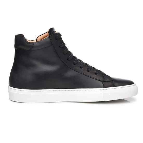 Premium Black Leather High Top Lace Up Sneakers with White Sole - Sneaker Shoes