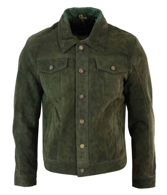 Real Suede Leather Mens Vintage Short Denim Style Retro Jean Jacket Casual – Olive Color - Leather Jackets