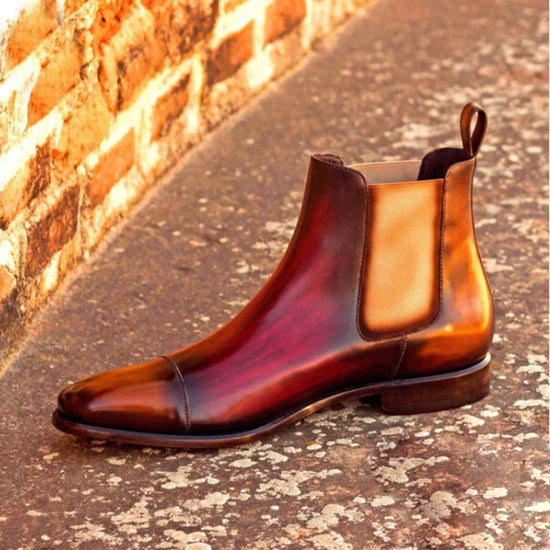 Red And Brown Patina Toe Cap Leather Slip-On Chelsea Boots Leather Sole - Boots