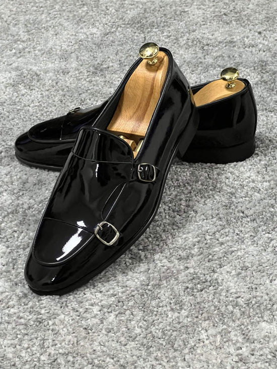 Shiny Patent Leather Black Monk Strap Loafers-Loafers Shoes