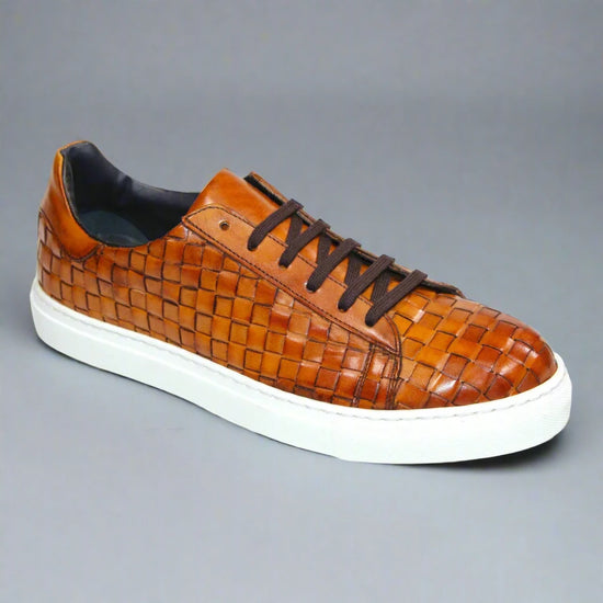Tan Braided Leather Low Top Lace Up Sneakers With White Sole - Sneaker Shoes